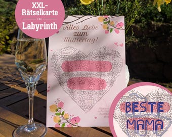 Muttertag XXL-Karte mit Rätsel Labyrinth – Versteckte Botschaft: BESTE MAMA – Originelle Geschenkidee zum selbst lösen - Hochwertiger Druck