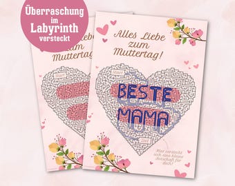 Muttertag Karte Rätsel Labyrinth zum Ausdrucken – Beste Mama Herzform – Digitaler Download A4 PDF – Muttertagsgeschenk zusammen mit Kindern