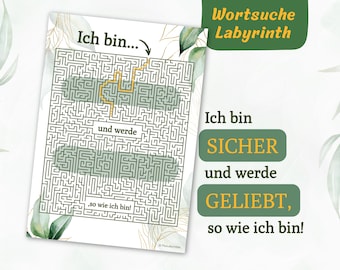 Achtsamkeitsübung zum Ausdrucken – Selbstliebe Affirmation „Ich bin sicher und werde geliebt, so wie ich bin“ – Entspannung Labyrinth