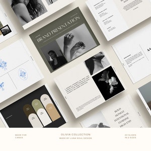 Op de afbeelding: Een presentatiesjabloon voor Canva met een groene achtergrond en de tekst "Brand Presentation" in wit. De sjabloon bevat een zwart-witfoto van een vrouwenhand die een ring vasthoudt. De tekst "Olivia Collection" is in zwart op een witte achtergrond. De tekst "Made by Luna Soul Design" is in zwart op een witte achtergrond. De tekst "20 Slides in 2 Sizes" is in zwart op een witte achtergrond. De tekst "Bold, Honest, Intentional, Feminine, High-End" is in zwart op een witte achtergrond.