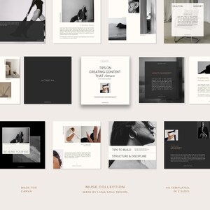 Peut inclure: Une collection de 40 modèles Instagram en deux tailles pour Canva. Les modèles présentent une esthétique minimaliste avec des photographies en noir et blanc et des superpositions de texte. Le texte comprend des phrases comme "Scaling Your Biz", "Conseils pour créer du contenu qui attire", "Conseils pour construire une structure et une discipline", et "Santé et état d'esprit".
