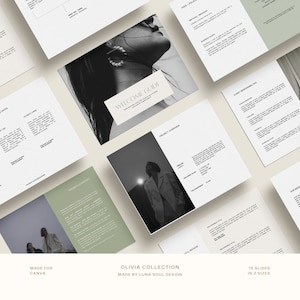 Peut inclure: Ensemble de documents numériques, dont un "GUIDE DE BIENVENUE" et un "APERÇU DU PROJET", avec un design minimaliste. Les documents présentent des photos en niveaux de gris et du texte sur fond blanc et vert clair. La collection est nommée "OLIVIA COLLECTION".