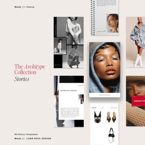 May include: A promotional image for "The Architype Collection Stories" featuring a collage of fashion and beauty content. The design includes text, images of models, and product mockups. The text includes "40 Story Templates" and "Made by LUNA SOUL DESIGN."