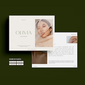 Puede incluir: Un documento de directrices de marca con la palabra "Olivia" en una fuente serif. El documento est&aacute; hecho en Canva y tiene 31 diapositivas. El documento presenta una foto de una mujer con un velo sobre su rostro.
