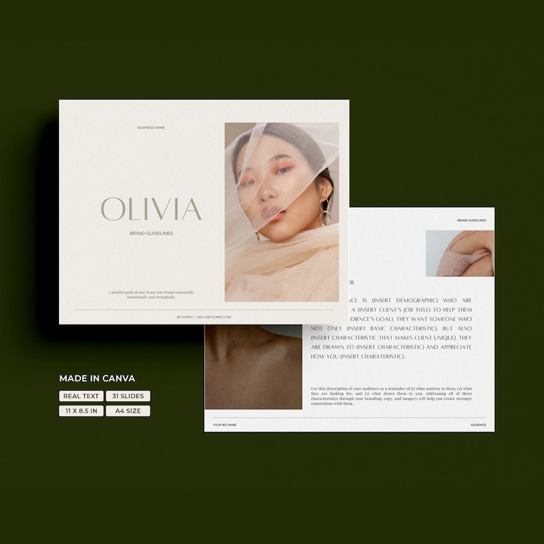 Puede incluir: Un documento de directrices de marca con la palabra "Olivia" en una fuente serif. El documento est&aacute; hecho en Canva y tiene 31 diapositivas. El documento presenta una foto de una mujer con un velo sobre su rostro.