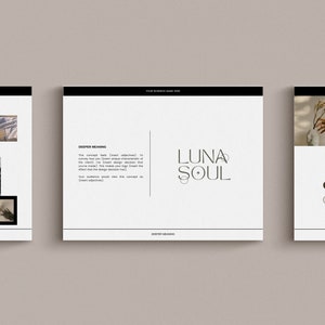 May include: A mood board for a brand called "Luna Soul" with a minimalist aesthetic. The board features a color palette of beige, brown, and white, and includes images of candles, flowers, and a laptop.