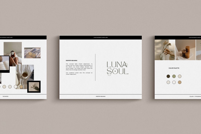 May include: A mood board for a brand called "Luna Soul" with a minimalist aesthetic. The board features a color palette of beige, brown, and white, and includes images of candles, flowers, and a laptop.