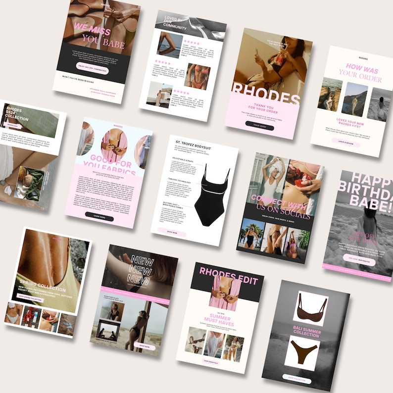 Peut inclure: Une collection de supports marketing color&eacute;s pour une marque de maillots de bain appel&eacute;e Rhodes. Les images pr&eacute;sentent des mannequins portant des maillots de bain, des descriptions de produits et des appels &agrave; l'action sur les r&eacute;seaux sociaux. Le texte comprend des phrases comme "Bon pour vos tissus", "Must-have de l'&eacute;t&eacute;" et "Connectez-vous avec nous sur les r&eacute;seaux sociaux".
