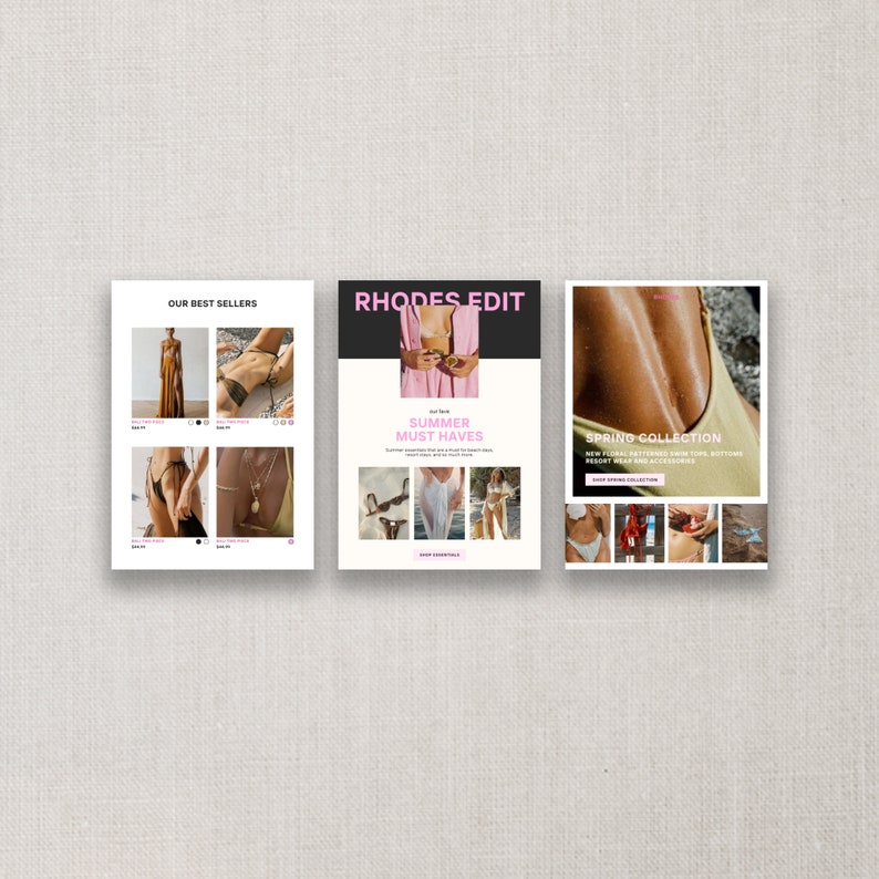 Peut inclure: Trois publications sur les m&eacute;dias sociaux pour une marque de v&ecirc;tements. La premi&egrave;re publication pr&eacute;sente un fond blanc avec le texte "Nos meilleures ventes" et des images de v&ecirc;tements. La deuxi&egrave;me publication pr&eacute;sente un fond noir et blanc avec le texte "Rhodes Edit" et des images de v&ecirc;tements. La troisi&egrave;me publication pr&eacute;sente un fond blanc avec le texte "Collection printemps" et des images de v&ecirc;tements.