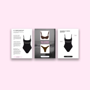 Peut inclure: Trois images de produits pour un maillot de bain noir avec des bordures blanches. La premi&egrave;re image montre le maillot de bain avec du texte d&eacute;crivant ses caract&eacute;ristiques. La deuxi&egrave;me image montre le maillot de bain sur un mannequin dans un d&eacute;cor de plage. La troisi&egrave;me image montre le maillot de bain avec du texte qui dit "The New St. Tropez Bodysuit".
