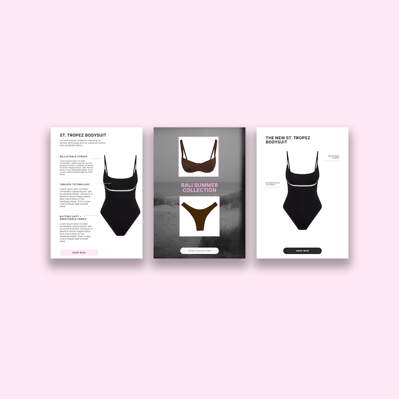 Peut inclure: Trois images de produits pour un maillot de bain noir avec des bordures blanches. La premi&egrave;re image montre le maillot de bain avec du texte d&eacute;crivant ses caract&eacute;ristiques. La deuxi&egrave;me image montre le maillot de bain sur un mannequin dans un d&eacute;cor de plage. La troisi&egrave;me image montre le maillot de bain avec du texte qui dit "The New St. Tropez Bodysuit".