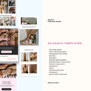 Peut inclure: Une collection de 30 mod&egrave;les Canva pour les entreprises de commerce &eacute;lectronique. Les mod&egrave;les sont con&ccedil;us pour divers objectifs marketing, notamment les s&eacute;ries de bienvenue, les s&eacute;ries d'achats post&eacute;rieurs, les s&eacute;ries de paniers abandonn&eacute;s, les avis, le retour gagnant, l'abandon de la navigation, l'&eacute;ducation &agrave; la marque et aux produits, les points forts des produits, les nouvelles gouttes, les ventes, la r&eacute;duction d'anniversaire, les cadeaux et la r&eacute;duction du Black Friday. Les mod&egrave;les pr&eacute;sentent une esth&eacute;tique minimaliste avec un accent sur la photographie de produits et le texte.