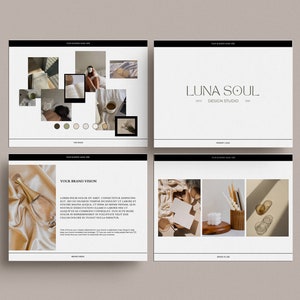 May include: A brand design studio mood board with a color palette of beige, brown, and white. The board features images of books, candles, and other objects with a minimalist aesthetic. The text "LUNA SOUL DESIGN STUDIO" is displayed on the board.