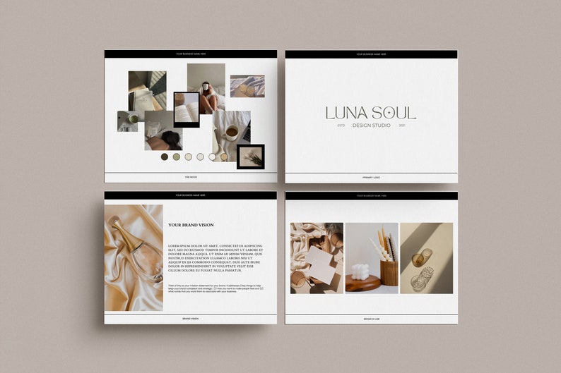 May include: A brand design studio mood board with a color palette of beige, brown, and white. The board features images of books, candles, and other objects with a minimalist aesthetic. The text "LUNA SOUL DESIGN STUDIO" is displayed on the board.