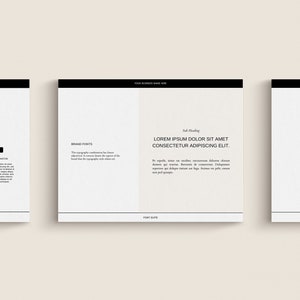May include: Three white square cards with black text and a minimalist design. The cards display a brand identity guide, font suite, and logo design. The text includes headings and body copy, with a neutral background.
