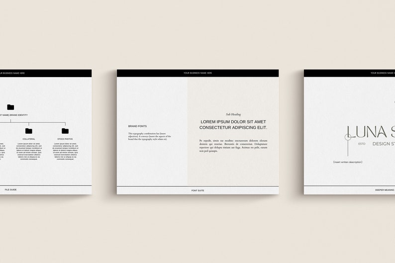 May include: Three white square cards with black text and a minimalist design. The cards display a brand identity guide, font suite, and logo design. The text includes headings and body copy, with a neutral background.