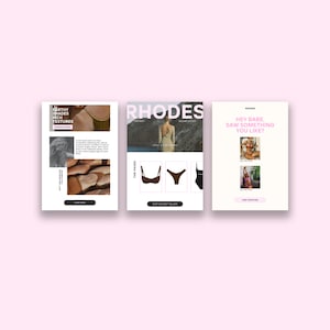 Peut inclure: Trois mod&egrave;les d'histoires Instagram pour une marque de maillots de bain appel&eacute;e Rhodes. Le premier mod&egrave;le pr&eacute;sente un gros plan sur des maillots de bain bruns avec le texte "Earthy Shades Rich Textures". Le deuxi&egrave;me mod&egrave;le pr&eacute;sente un mannequin portant un maillot de bain brun avec le texte "Rhodes" et "Shop Our Best Sellers". Le troisi&egrave;me mod&egrave;le pr&eacute;sente un mannequin portant un maillot de bain avec le texte "Hey Babe, Saw Something You Like?" et "Keep Shopping".
