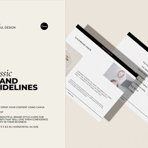May include: A digital brand style guide template with the text "Classic Brand Guidelines". The design includes two open documents with black and white text, and the Canva logo. The guide is 11 x 8.5 inches in size.