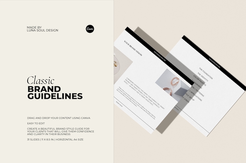 May include: A digital brand style guide template with the text "Classic Brand Guidelines". The design includes two open documents with black and white text, and the Canva logo. The guide is 11 x 8.5 inches in size.