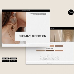 May include: A presentation template with the words "CREATIVE DIRECTION" in a modern design. The template includes a color palette, a photo of a woman wearing earrings, and the text "REAL TEXT, 31 SLIDES, 11 X 8.5 IN, A4 SIZE."