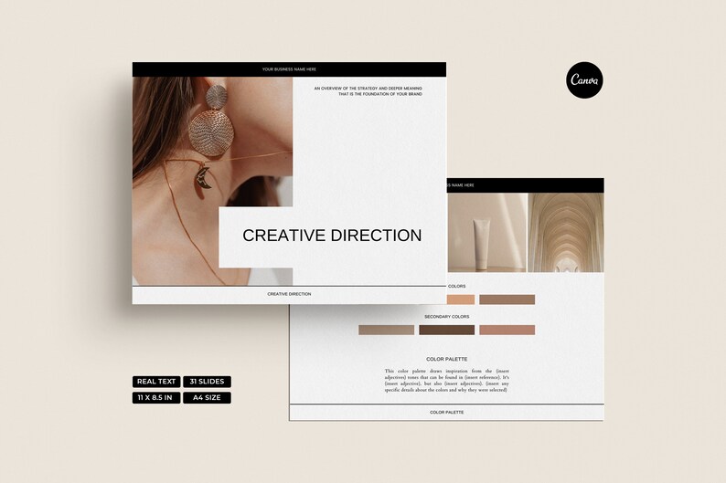 May include: A presentation template with the words "CREATIVE DIRECTION" in a modern design. The template includes a color palette, a photo of a woman wearing earrings, and the text "REAL TEXT, 31 SLIDES, 11 X 8.5 IN, A4 SIZE."