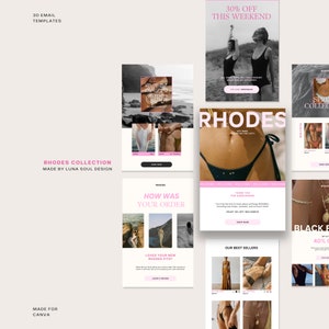 Rhodes メール テンプレート、Canva テンプレート、美しく編集可能なメール テンプレート、製品マーケティング メール、女性向けファッション メール ニュースレター