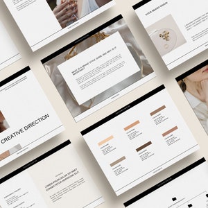 May include: An overhead shot of several white business cards with black borders, featuring text and images. The cards display phrases like "Creative Direction" and "Your Brand Vision". Some cards show color palettes and jewelry.