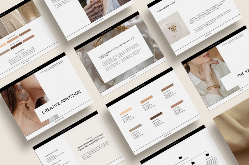 May include: An overhead shot of several white business cards with black borders, featuring text and images. The cards display phrases like "Creative Direction" and "Your Brand Vision". Some cards show color palettes and jewelry.