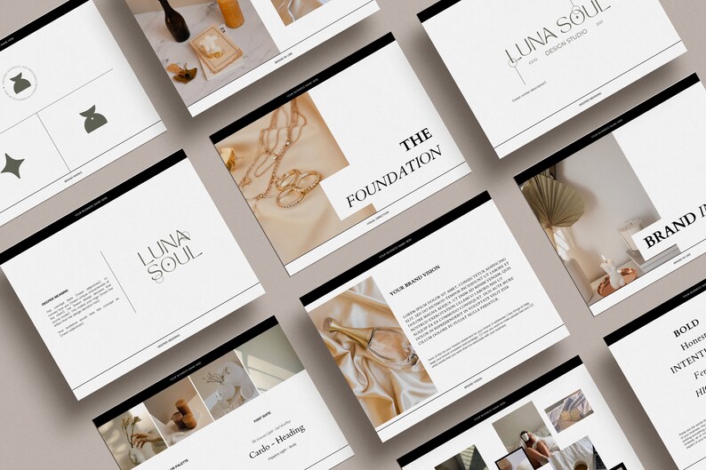 May include: A brand identity design presentation for a company called Luna Soul Design Studio. The presentation includes a logo, color palette, and typography.