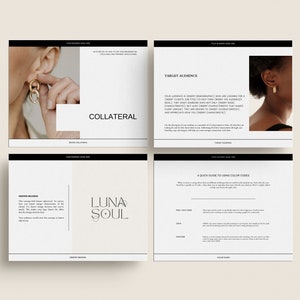 May include: A four-panel layout with a neutral color palette. The top left panel shows a person wearing gold earrings. The text "COLLATERAL" is displayed. The bottom left panel has the text "LUNA SOUL". The other panels contain text about brand design.