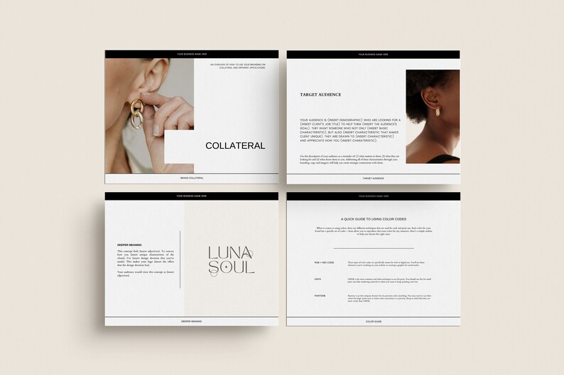 May include: A four-panel layout with a neutral color palette. The top left panel shows a person wearing gold earrings. The text "COLLATERAL" is displayed. The bottom left panel has the text "LUNA SOUL". The other panels contain text about brand design.
