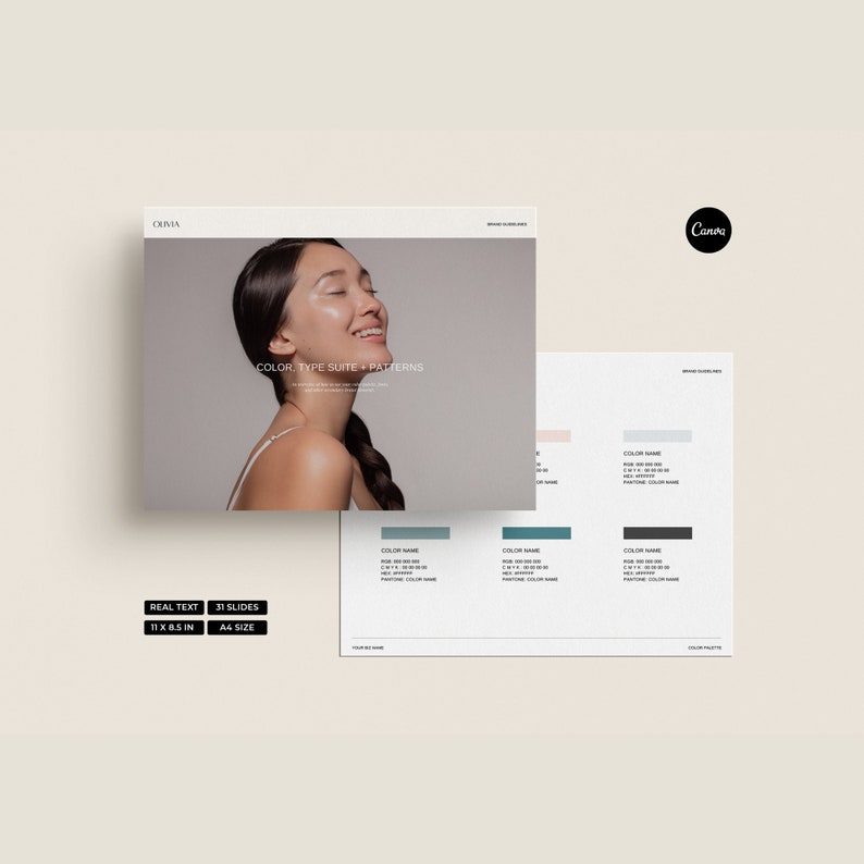 Puede incluir: Una plantilla de presentaci&oacute;n digital con el rostro de una mujer en la portada. La plantilla es para un conjunto de tipos de color y patrones. El texto en la portada dice "COLOR TYPE SUITE + PATTERNS". La plantilla incluye 31 diapositivas y tiene un tama&ntilde;o de 11 x 8,5 pulgadas.