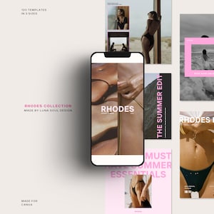 Op de afbeelding: Een verzameling van 120 social media-sjablonen voor Canva, met een zomerthema met afbeeldingen van mensen in badkleding en de tekst "RHODES" en "THE SUMMER EDIT".
