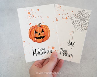Set of 2 Happy Halloween, postcard 10x15 with pumpkin motif and spider web