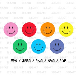 May include: A collection of seven colorful smiley face graphics. Each smiley face is a different color: pink, red, orange, yellow, green, blue, and purple. The text "EPS / JPEG / PNG / SVG / PDF" is at the bottom.