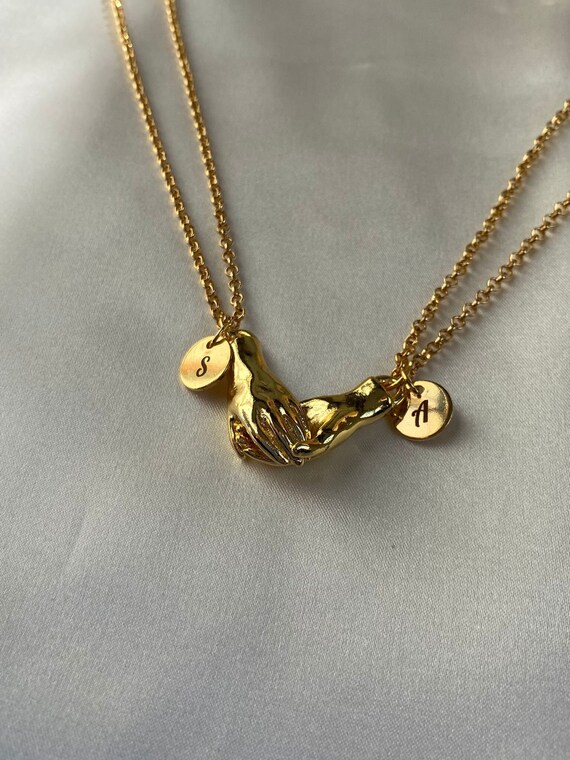 24K Gold Plated 2pcs Magnetic Love Necklace, Hand in Hand, Couple Necklace, Magnetic Hand Necklace, Personalization, Silver or Gold. Love.