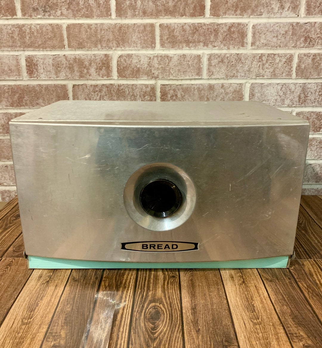 MCM Kromex Spun Aluminum Bread Box With Turquoise Accent Stripe 1950s