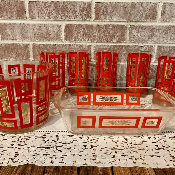 Jeannette Glass & Glasbake Red Gold Atomic Starburst Retro Tumblers Ice Bucket Loaf Pan | 1960’s