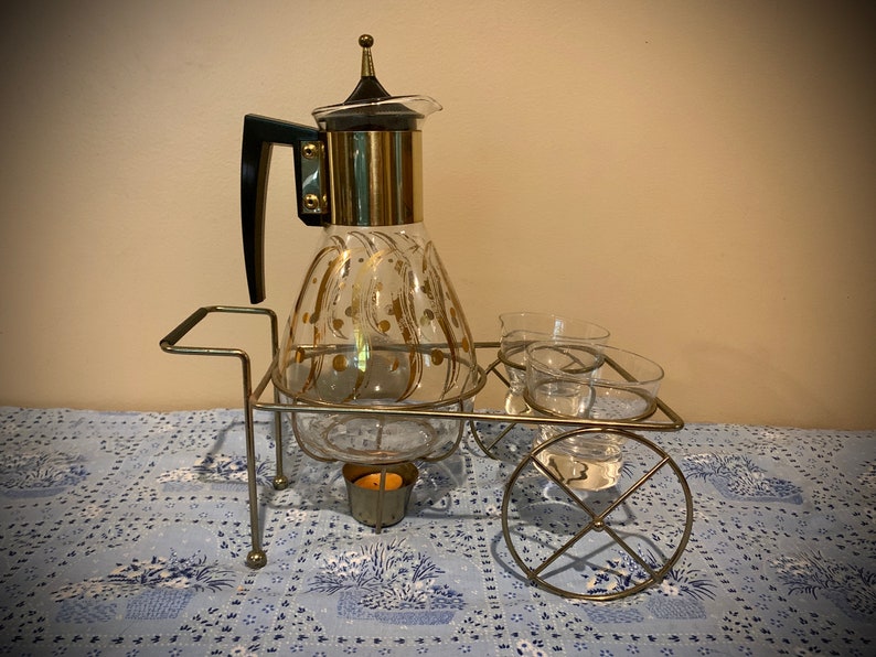 Carafe Ancienne 2 Tasses En Verre Et Laiton - Bleue, 1 Litre - Occasion