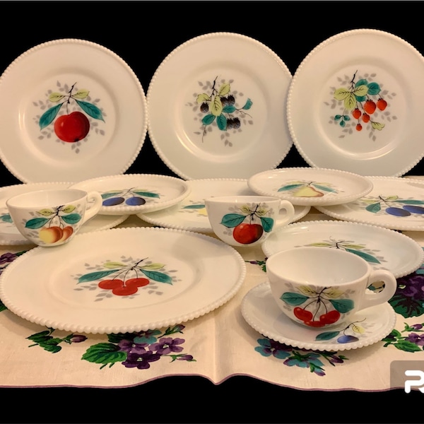 Mid-Century Westmoreland Beaded Rim Hand-Painted Fruit Milk Glass Dishware | Selection | 1950’s