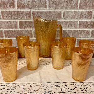 Jeannette Glass “Tree Bark” Marigold Carnival Iridescent Drink Set | Pitcher & 8 Tumblers | 1940’s