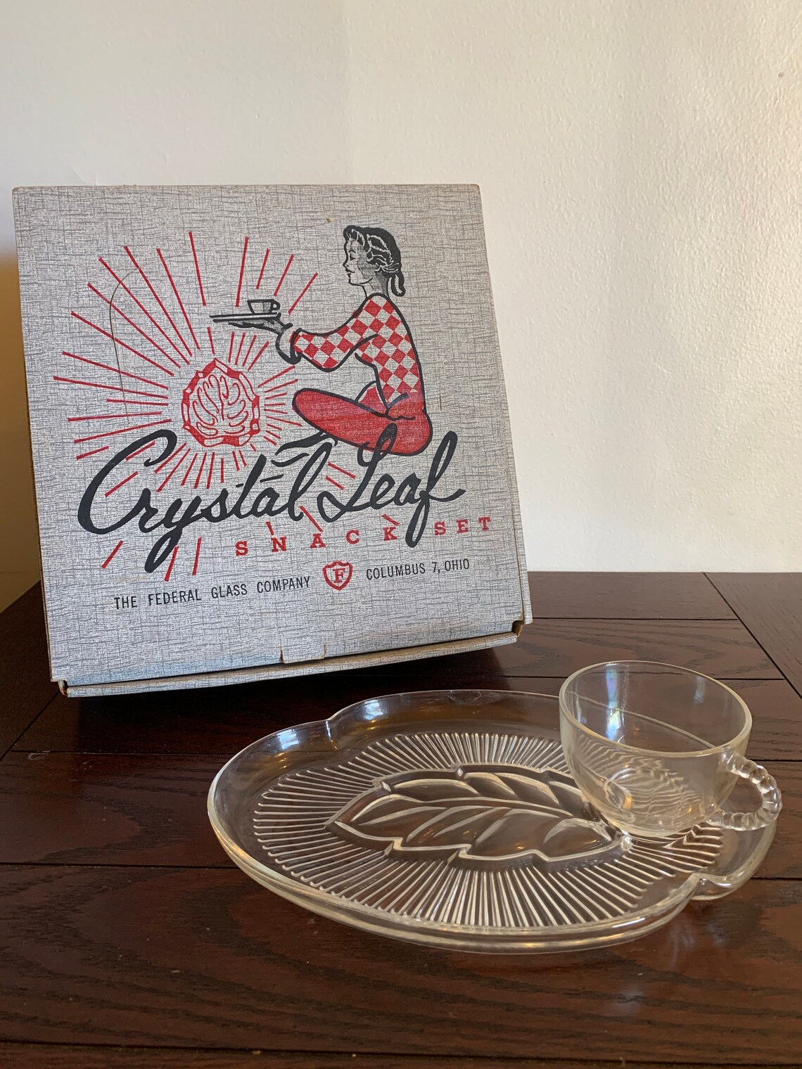 Vintage Federal Glass Company Crystal Leaf Snack Set 8piece Etsy