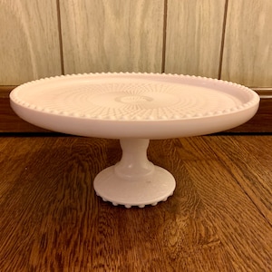 Jeannette Shell Pink Pressed Glass Footed Cake Plate Stand | Lyre | Harp | 1950’s