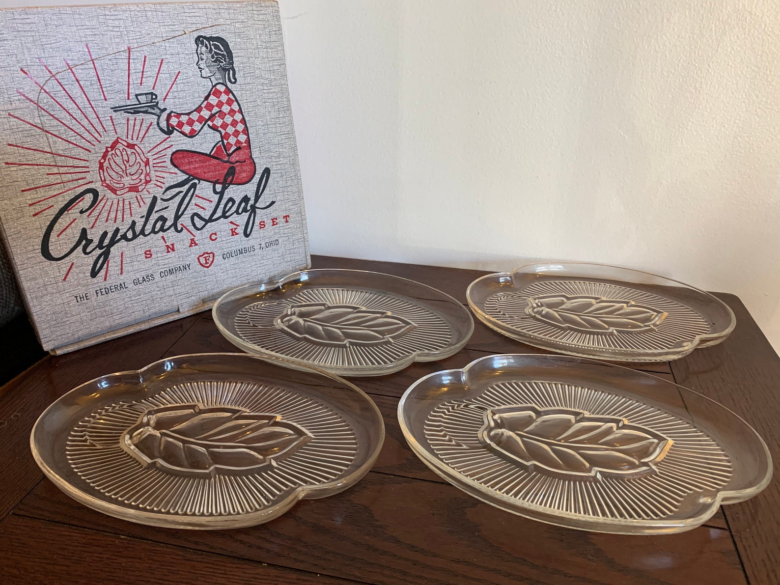 Vintage Federal Glass Company Crystal Leaf Snack Set 8piece Etsy