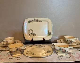 Homer Laughlin HLC “Wells” China Selection | English Garden | Scratch and Dent | Country & Garden Scene | Green Trim | 1941