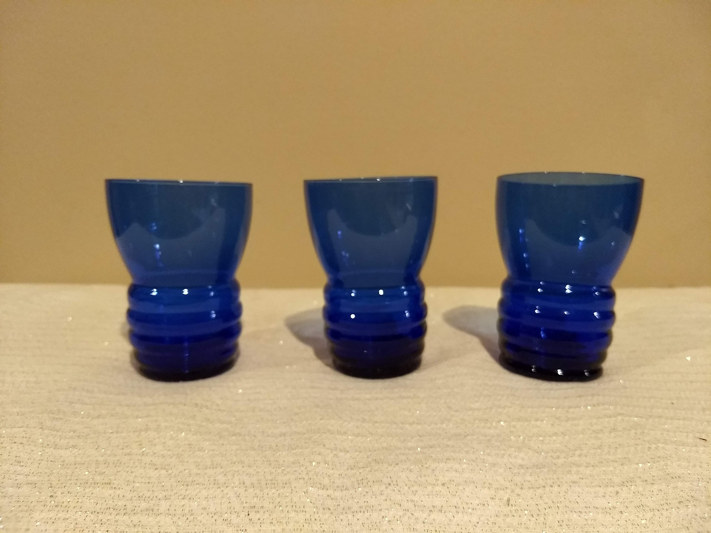 1930's Vintage prohibition era art deco style cobalt blue pitcher and 3 glasses