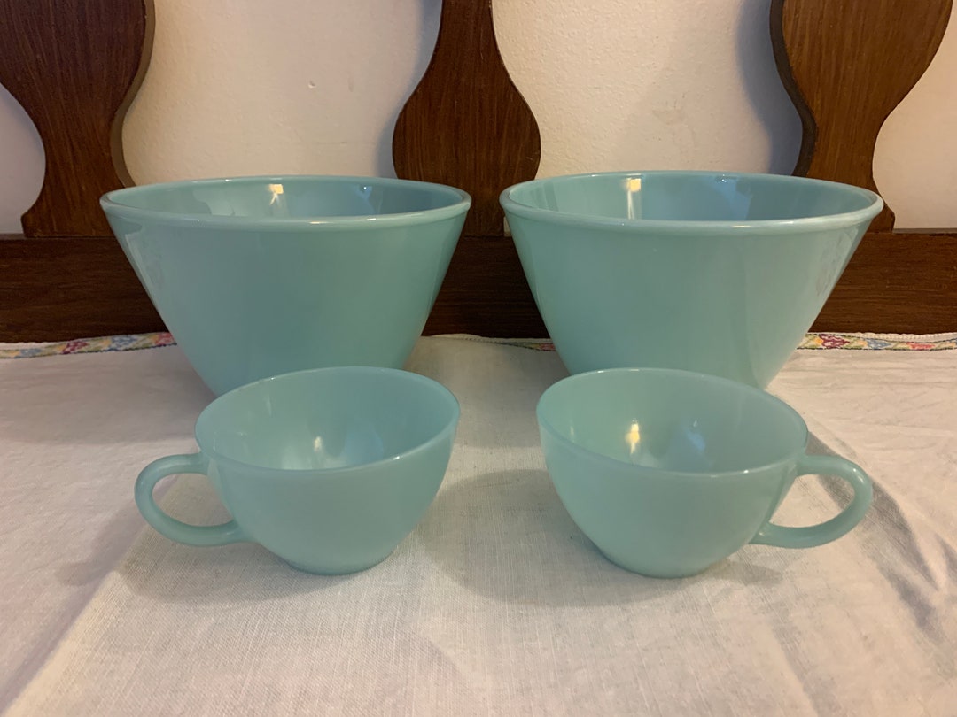 Fire King Blue Milk Glass Ovenware Bowls Teacups Selection Etsy