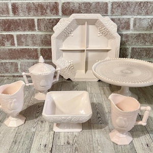 Vintage Jeannette Shell Pink Milk Glass Selection | Cake Plate | Lidded Sugar Bowl and Creamer Set | Divided Dish | Compote | Creamer