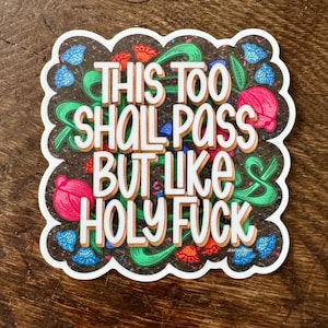 May include: A sticker with a white border and a floral design. The text reads "THIS TOO SHALL PASS BUT LIKE HOLY FUCK" in a whimsical font. The design includes pink flowers, blue floral accents, and green vines.