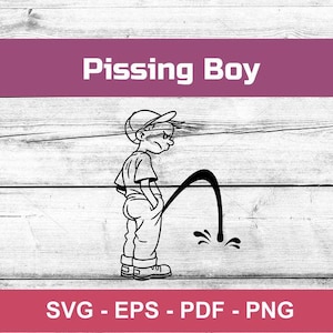 Może przedstawiać: Czarno-biała ilustracja chłopca oddającego mocz, z tekstem "Pissing Boy" u góry i "SVG - EPS - PDF - PNG" u dołu. Obraz jest na tle białego usłojenia drewna. Logo sklepu znajduje się w prawym dolnym rogu.
